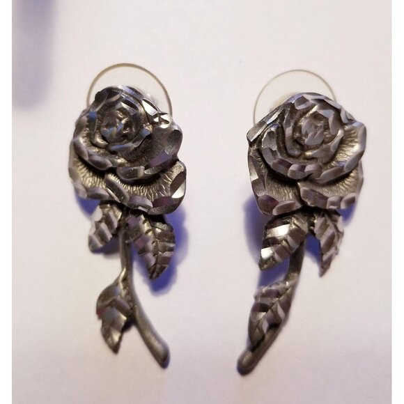 Pewter Roses Handmade Earrings Floral Post Drop Style SC407 - Picture 2 of 9